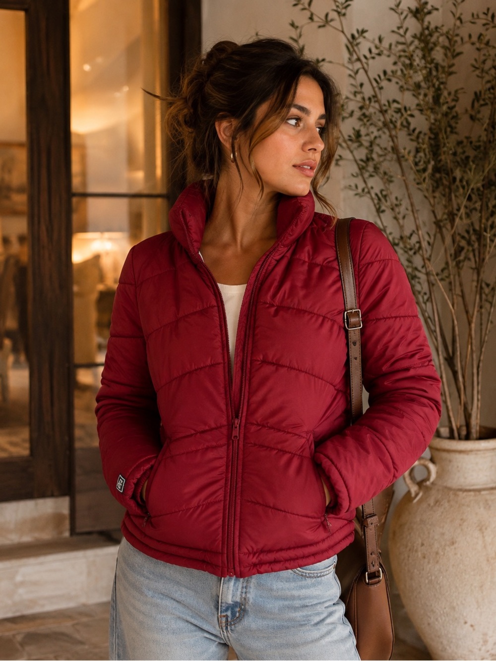 Abercrombie & Fitch Women's Quilted Puffer Jacket Red Full
Zip Size Medium